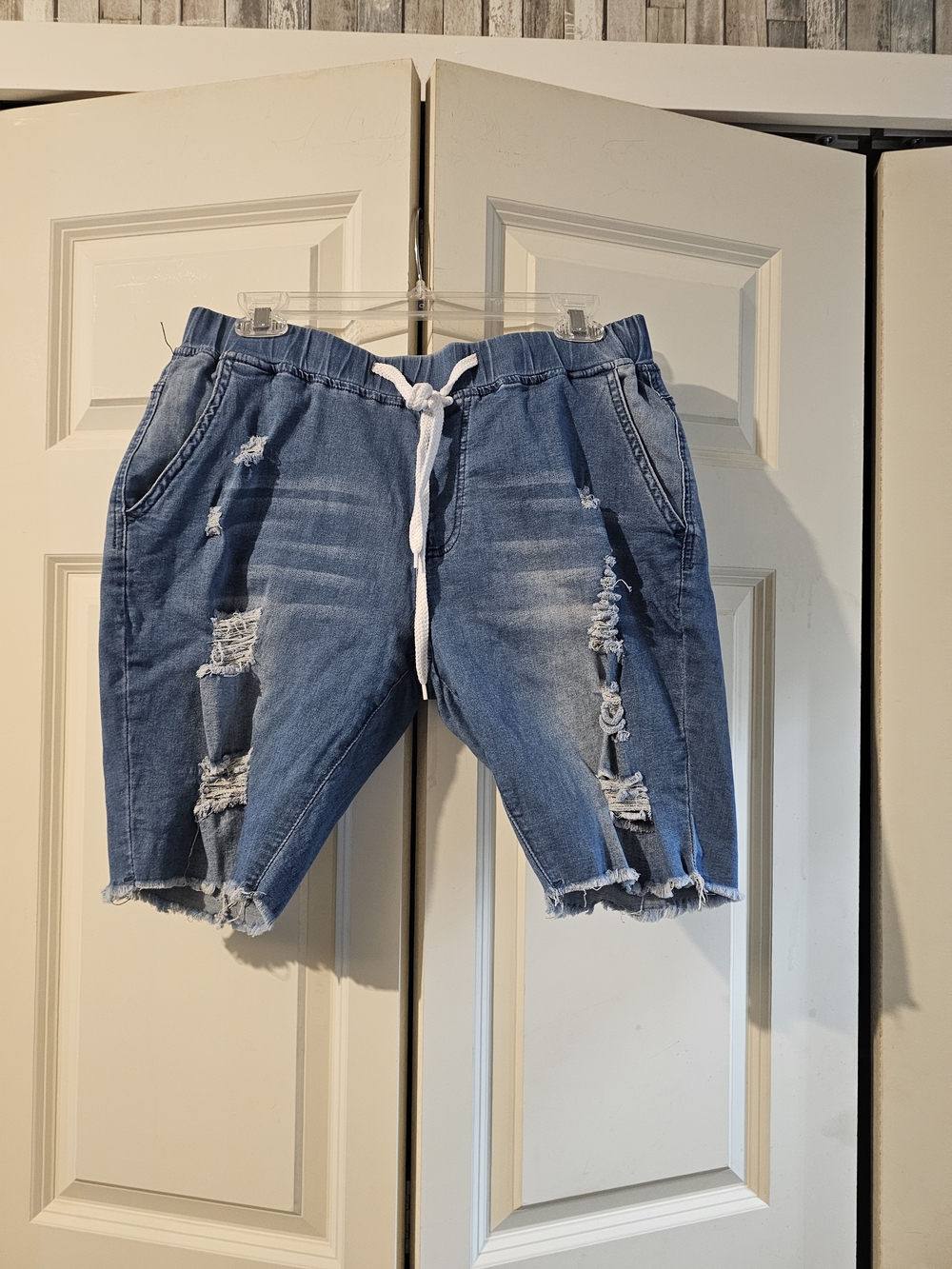 Distressed Blue Jean Shorts with Drawstring Waist
